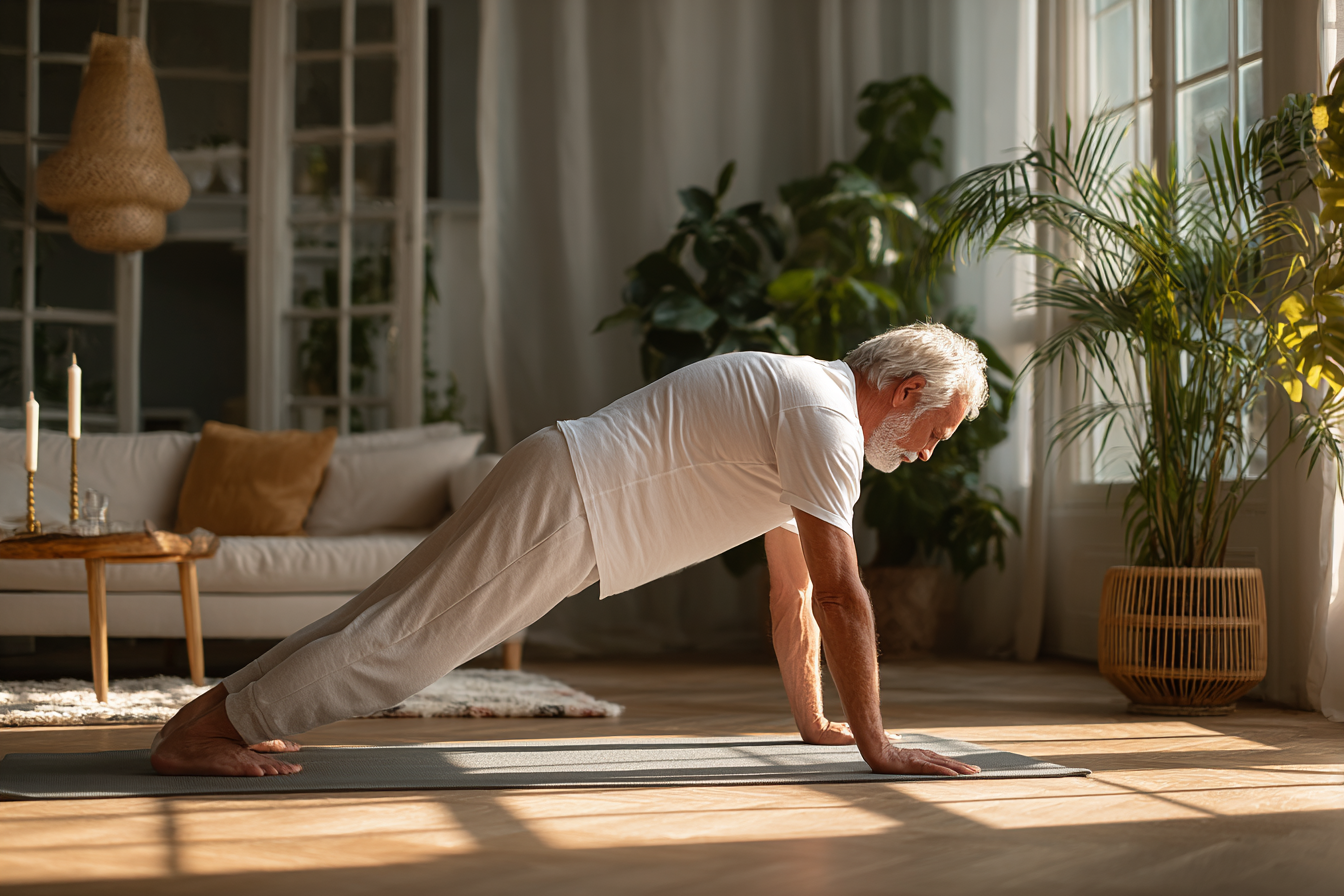 Seniori fericiți practicând yoga